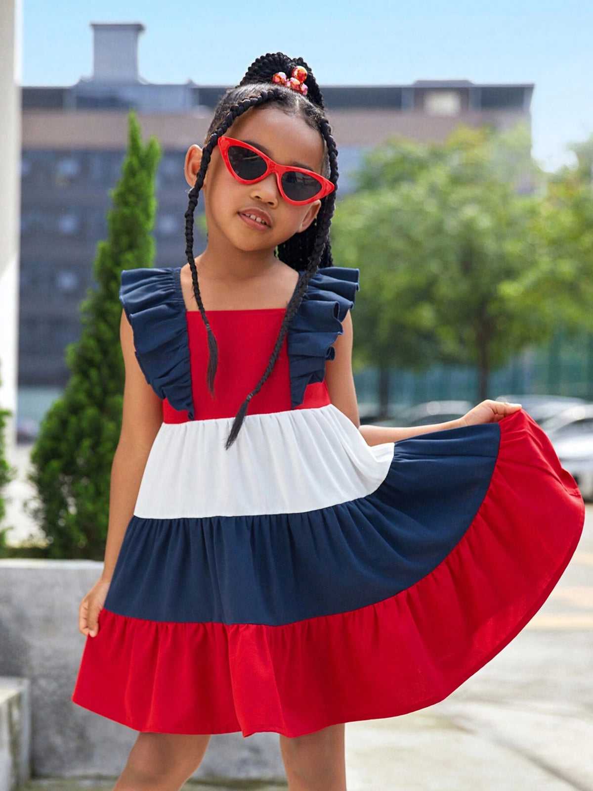 Young Girl Woven Color Block Sleeveless Ruffle Hem Casual Bodycon Dress