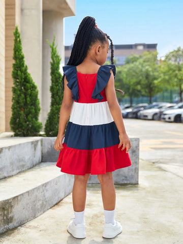 Young Girl Woven Color Block Sleeveless Ruffle Hem Casual Bodycon Dress