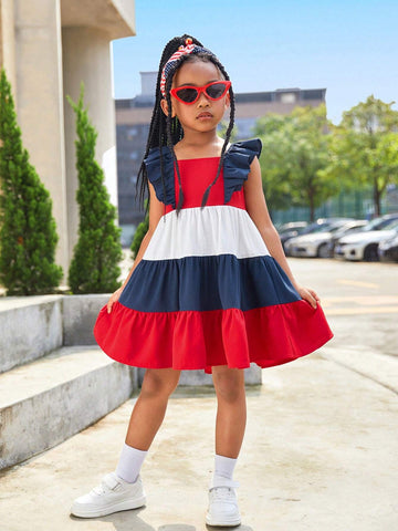 Young Girl Woven Color Block Sleeveless Ruffle Hem Casual Bodycon Dress