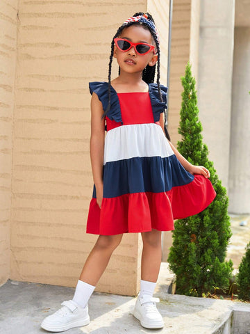 Young Girl Woven Color Block Sleeveless Ruffle Hem Casual Bodycon Dress
