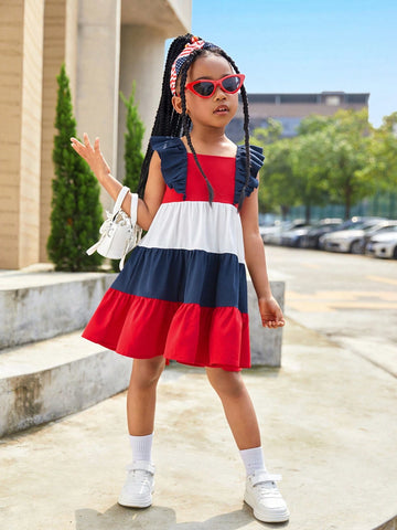 Young Girl Woven Color Block Sleeveless Ruffle Hem Casual Bodycon Dress