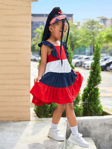 Young Girl Woven Color Block Sleeveless Ruffle Hem Casual Bodycon Dress