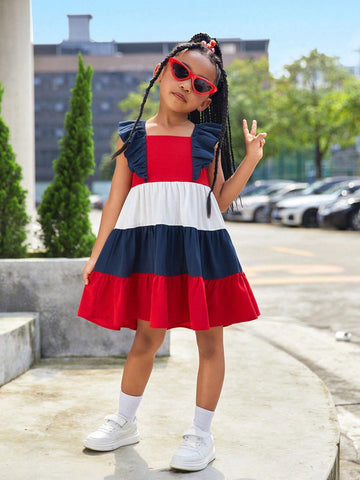 Young Girl Woven Color Block Sleeveless Ruffle Hem Casual Bodycon Dress