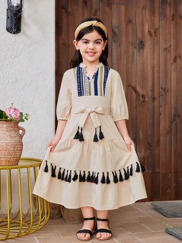 Young Girl Woven Color Splice Geometric Pattern Mini Stand Collar Casual Dress