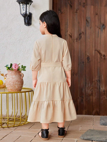 Young Girl Woven Color Splice Geometric Pattern Mini Stand Collar Casual Dress