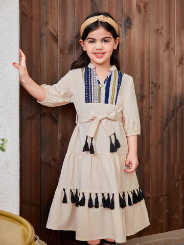 Young Girl Woven Color Splice Geometric Pattern Mini Stand Collar Casual Dress
