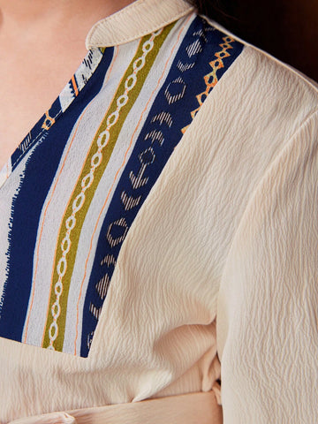 Young Girl Woven Color Splice Geometric Pattern Mini Stand Collar Casual Dress