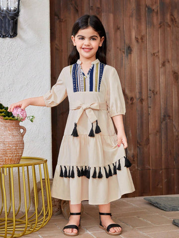 Young Girl Woven Color Splice Geometric Pattern Mini Stand Collar Casual Dress