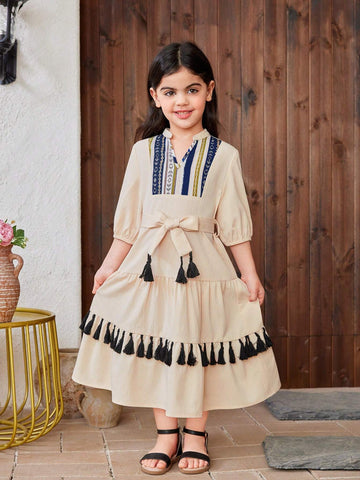 Young Girl Woven Color Splice Geometric Pattern Mini Stand Collar Casual Dress