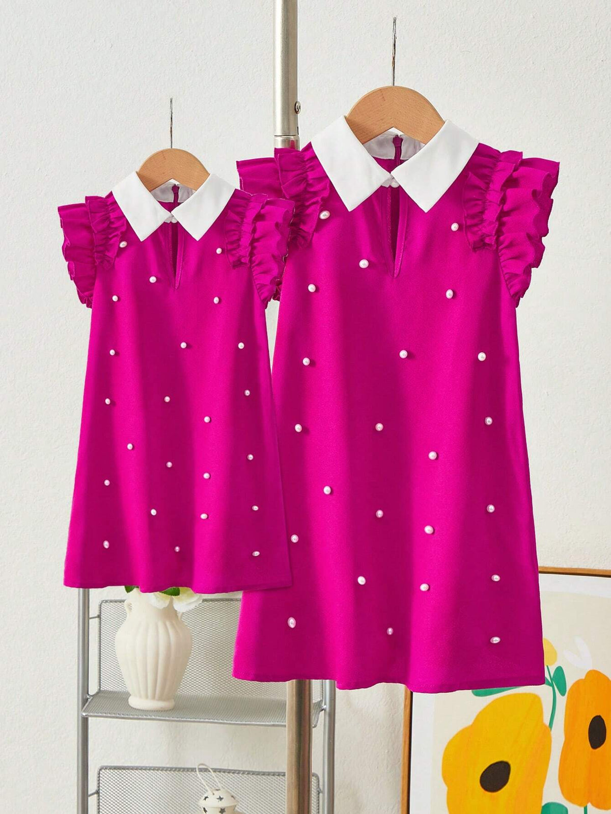 Young Girl Woven Colorblock Lapel Ruffle Pearl Embellished Loose Casual Dress