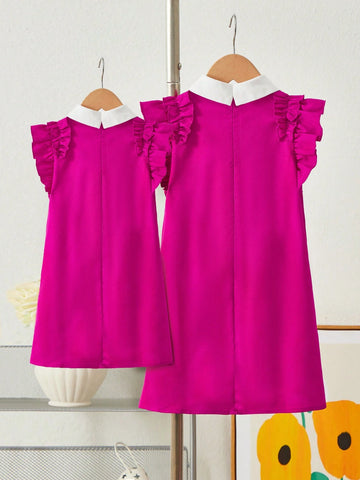 Young Girl Woven Colorblock Lapel Ruffle Pearl Embellished Loose Casual Dress