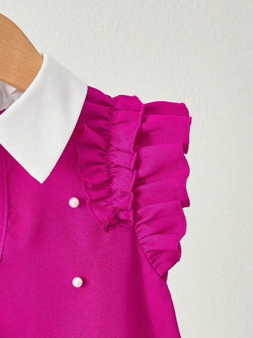 Young Girl Woven Colorblock Lapel Ruffle Pearl Embellished Loose Casual Dress