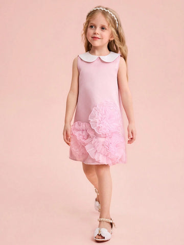 Young Girl Woven Colorblock Peter Pan Collar 3D Floral Sleeveless Dress