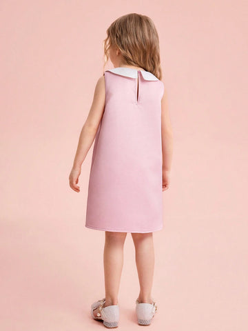 Young Girl Woven Colorblock Peter Pan Collar 3D Floral Sleeveless Dress