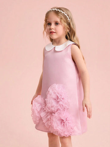 Young Girl Woven Colorblock Peter Pan Collar 3D Floral Sleeveless Dress