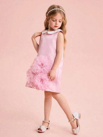 Young Girl Woven Colorblock Peter Pan Collar 3D Floral Sleeveless Dress