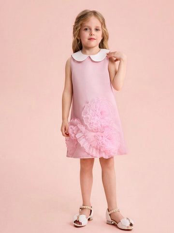 Young Girl Woven Colorblock Peter Pan Collar 3D Floral Sleeveless Dress
