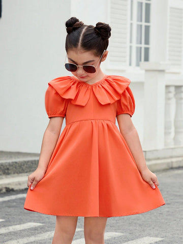 Young Girl Woven Colorblock V-Neck Ruffled Bubble Sleeve Dress For Casual Wear