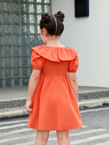 Young Girl Woven Colorblock V-Neck Ruffled Bubble Sleeve Dress For Casual Wear