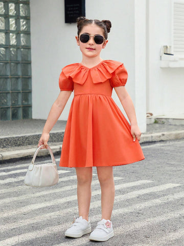 Young Girl Woven Colorblock V-Neck Ruffled Bubble Sleeve Dress For Casual Wear