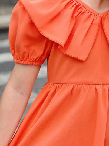 Young Girl Woven Colorblock V-Neck Ruffled Bubble Sleeve Dress For Casual Wear