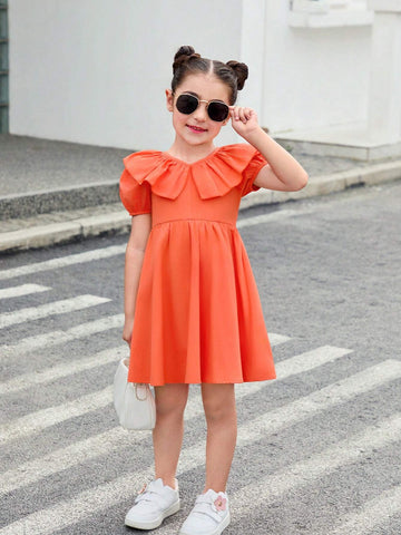 Young Girl Woven Colorblock V-Neck Ruffled Bubble Sleeve Dress For Casual Wear