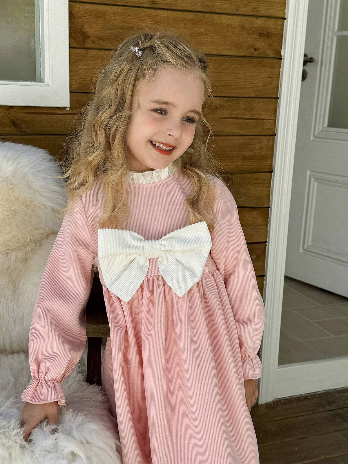 Young Girl Woven Contrast Color Bow Decor Frill Edge Fitted Dress