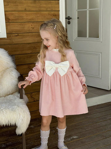 Young Girl Woven Contrast Color Bow Decor Frill Edge Fitted Dress