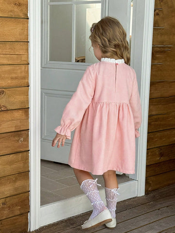 Young Girl Woven Contrast Color Bow Decor Frill Edge Fitted Dress