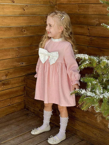 Young Girl Woven Contrast Color Bow Decor Frill Edge Fitted Dress