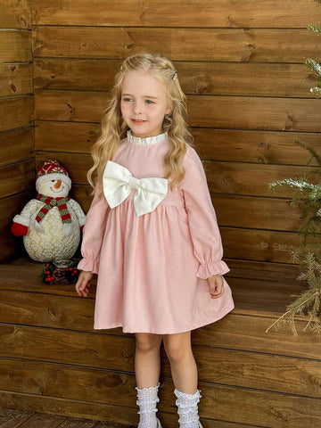 Young Girl Woven Contrast Color Bow Decor Frill Edge Fitted Dress