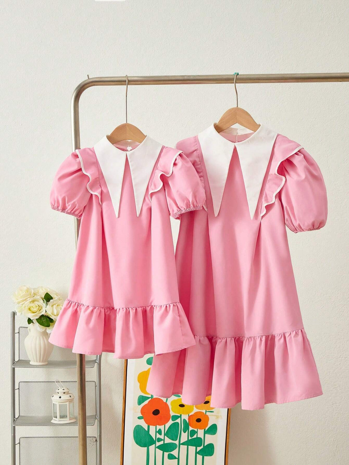 Young Girl Woven Contrast Color Ruffle Hem A-Line Casual Dress