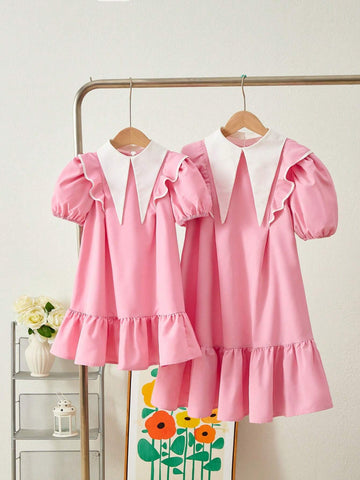 Young Girl Woven Contrast Color Ruffle Hem A-Line Casual Dress