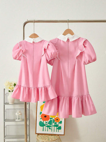 Young Girl Woven Contrast Color Ruffle Hem A-Line Casual Dress
