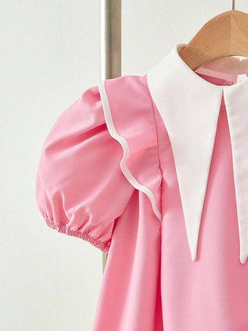 Young Girl Woven Contrast Color Ruffle Hem A-Line Casual Dress