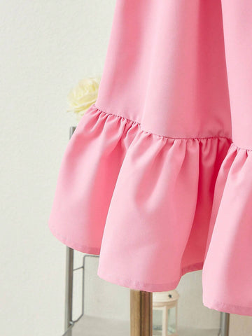 Young Girl Woven Contrast Color Ruffle Hem A-Line Casual Dress