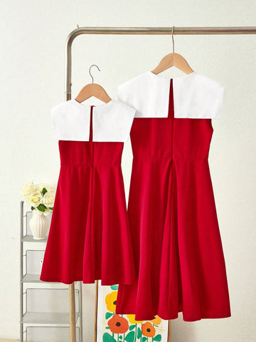 Young Girl Woven Contrast Color Sleeveless Fitted Casual Dress