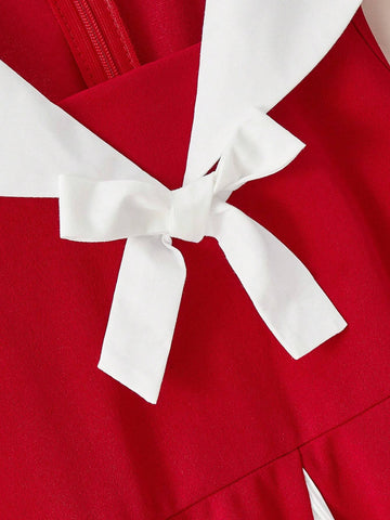 Young Girl Woven Contrast Color Sleeveless Fitted Casual Dress