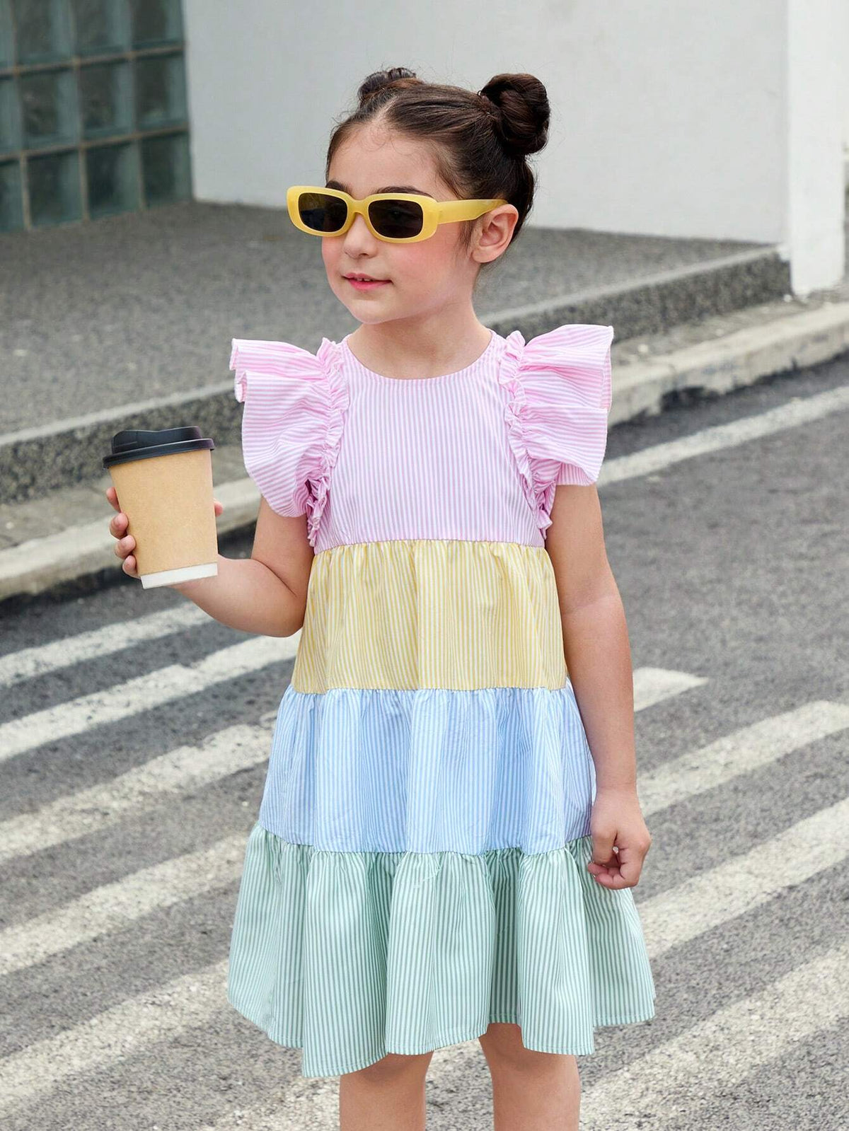 Young Girl Woven Contrast Color Striped Round Neck Sleeveless Loose Casual Dress