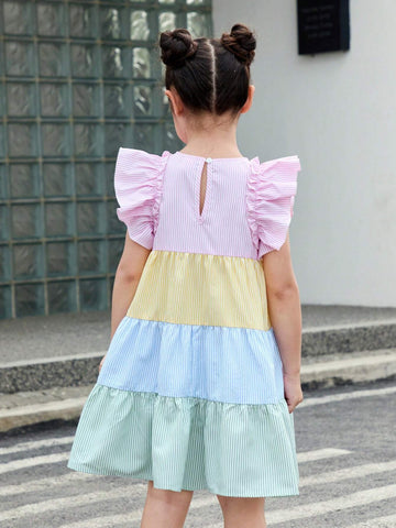 Young Girl Woven Contrast Color Striped Round Neck Sleeveless Loose Casual Dress