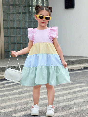 Young Girl Woven Contrast Color Striped Round Neck Sleeveless Loose Casual Dress