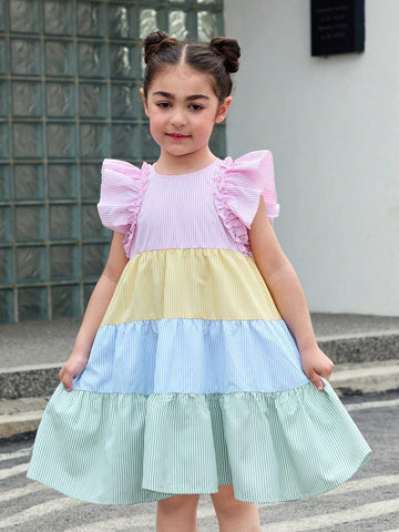 Young Girl Woven Contrast Color Striped Round Neck Sleeveless Loose Casual Dress
