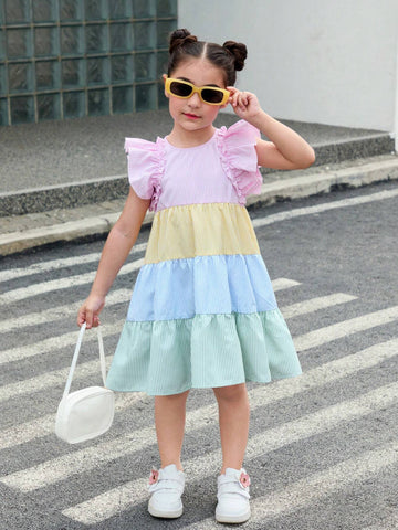 Young Girl Woven Contrast Color Striped Round Neck Sleeveless Loose Casual Dress