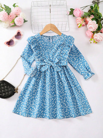 Young Girl Woven Ditsy Floral Fitted Casual Dress For Fall And Spring