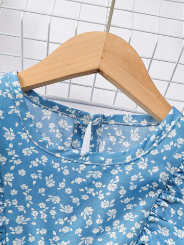 Young Girl Woven Ditsy Floral Fitted Casual Dress For Fall And Spring