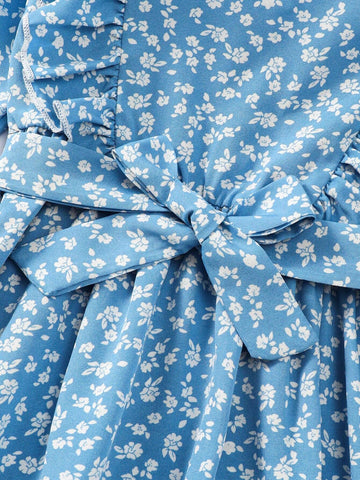 Young Girl Woven Ditsy Floral Fitted Casual Dress For Fall And Spring