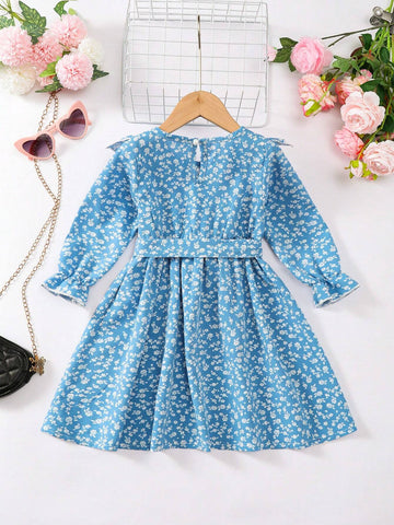 Young Girl Woven Ditsy Floral Fitted Casual Dress For Fall And Spring