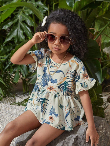 Young Girl Woven Ditsy Floral Round Neck Ruffle Hem Fitted Casual Shirt