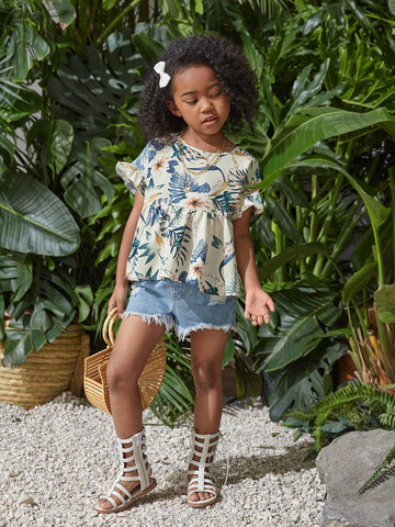 Young Girl Woven Ditsy Floral Round Neck Ruffle Hem Fitted Casual Shirt