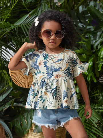 Young Girl Woven Ditsy Floral Round Neck Ruffle Hem Fitted Casual Shirt